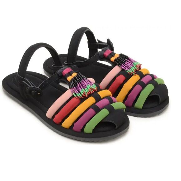 FARM Rio Shoes - Farm Rio Sandal Size 7 Womens Black Beaded Tassel Shoes Bohemian Casual NWT